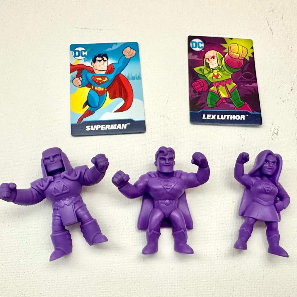 🆓Wendy’s KidsMeal DC Comic Super Hero Set Purple Superman,Lex Luther,Supergirl